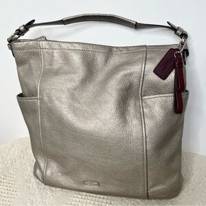 Coach Metallic Taupe Shoulder Bag with Burgundy Accents